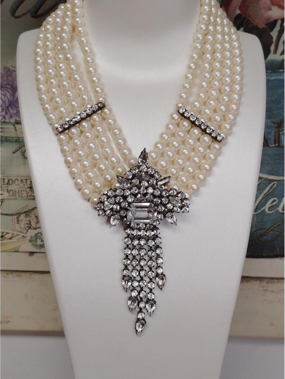 Vintage Deco Style Dramatic Clear Floral Tassel Jeweled Necklace